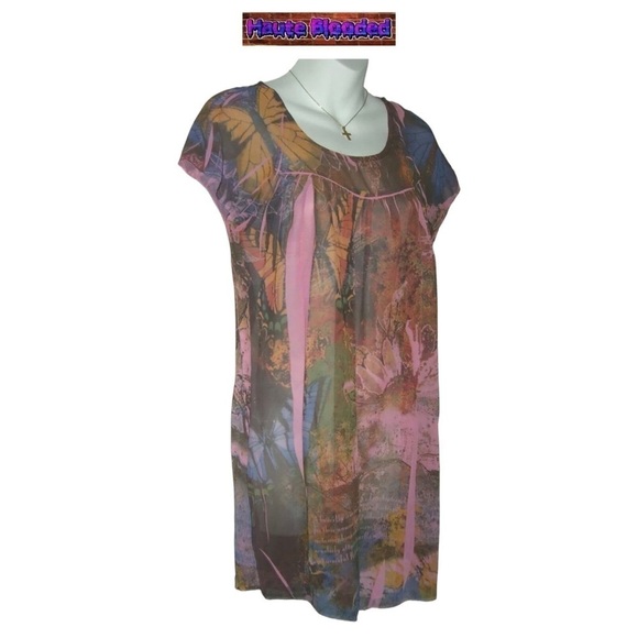 Vintage 90's Daniel Benjamin Pink Butterfly Sheer Sublimation Dress Retro y2k S - Picture 2 of 9